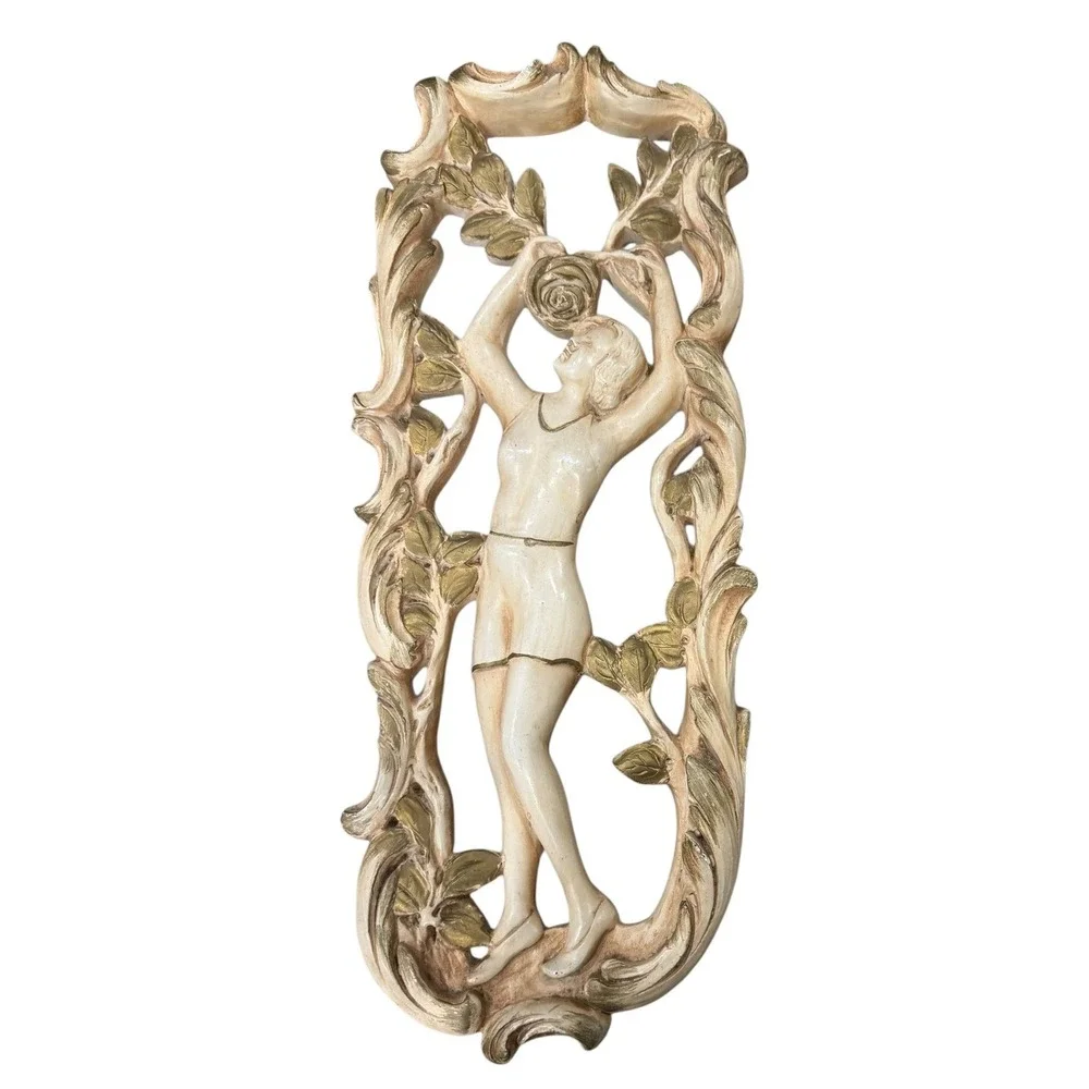 Vintage 70s Art Nouveau Wall Plaques Summer Winter Ivory Gold Plaster Panel Set